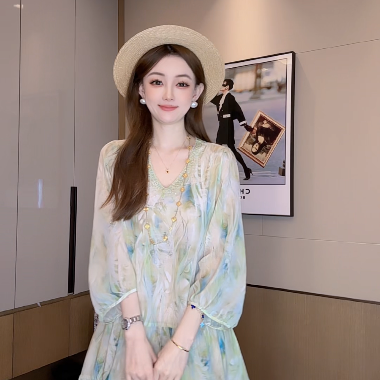 【丝芙玉禄】【S352】100%真丝气质印花重工烫钻桑蚕丝女装连衣裙