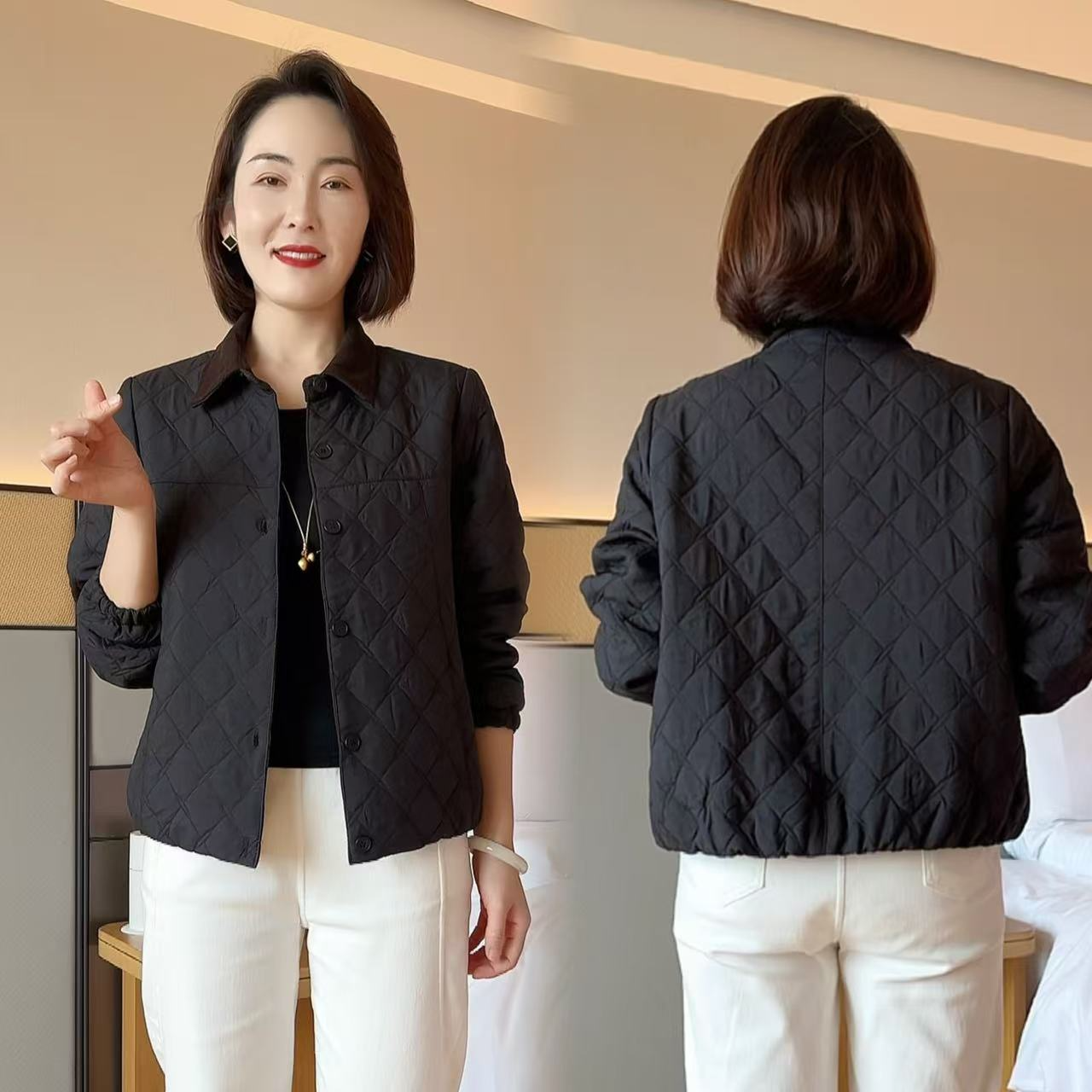 2025冬季时尚妈妈轻薄翻领菱格棉服上衣保暖棉袄洋气减龄棉衣外套