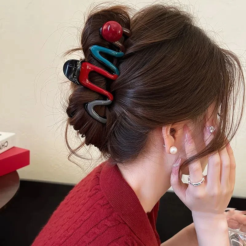 2025新款小众设计款新款撞色抓夹高级感发夹波浪珍珠大号发夹发饰