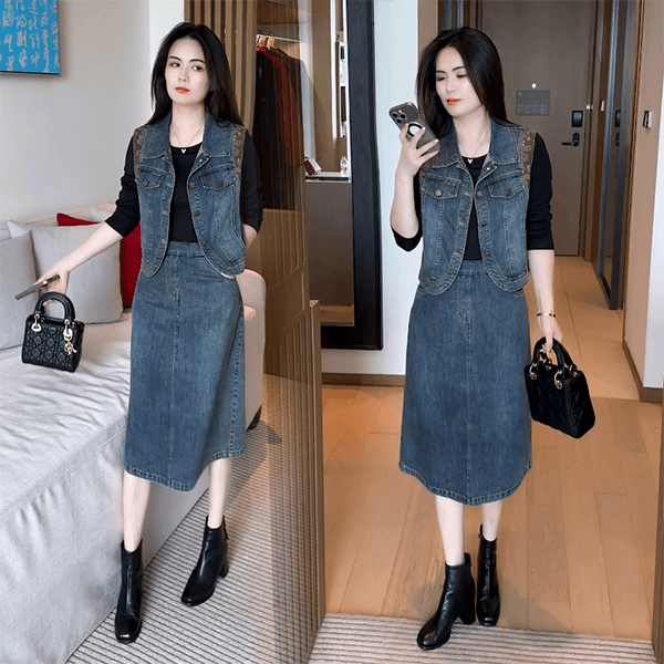 休闲风时尚套装女2025秋季新款轻熟风收腰显瘦减龄长袖牛仔套裙潮