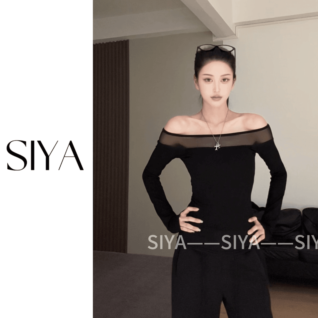 【SIYA】时尚网纱拼接斜肩长袖T恤女秋季设计感修身显瘦辣妹打底衫