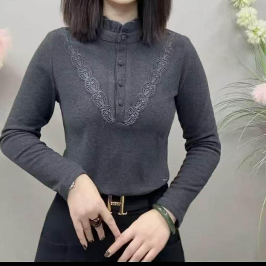 2025冬季新款复古木耳边领长袖T恤女灰色打底衫显瘦减龄上衣-2576