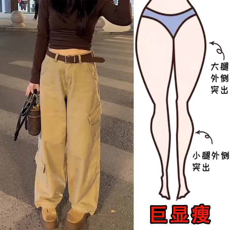 冬季新款时尚简约高街个性加绒欧美风遮肉显瘦高腰宽松工装牛仔裤