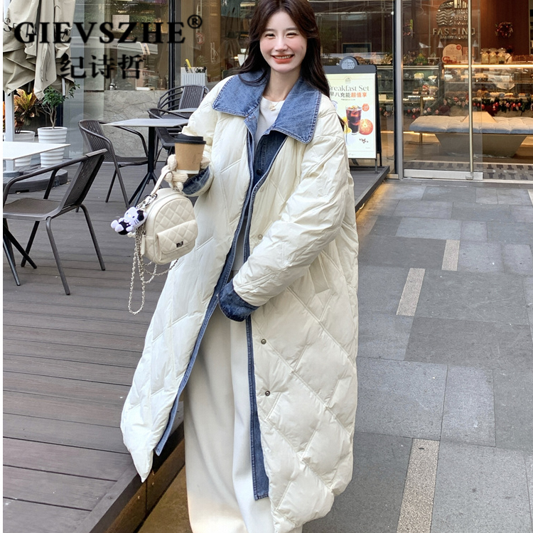 纪诗哲设计感假两件菱格白鸭绒羽绒服女冬季新款长款过膝加厚外套
