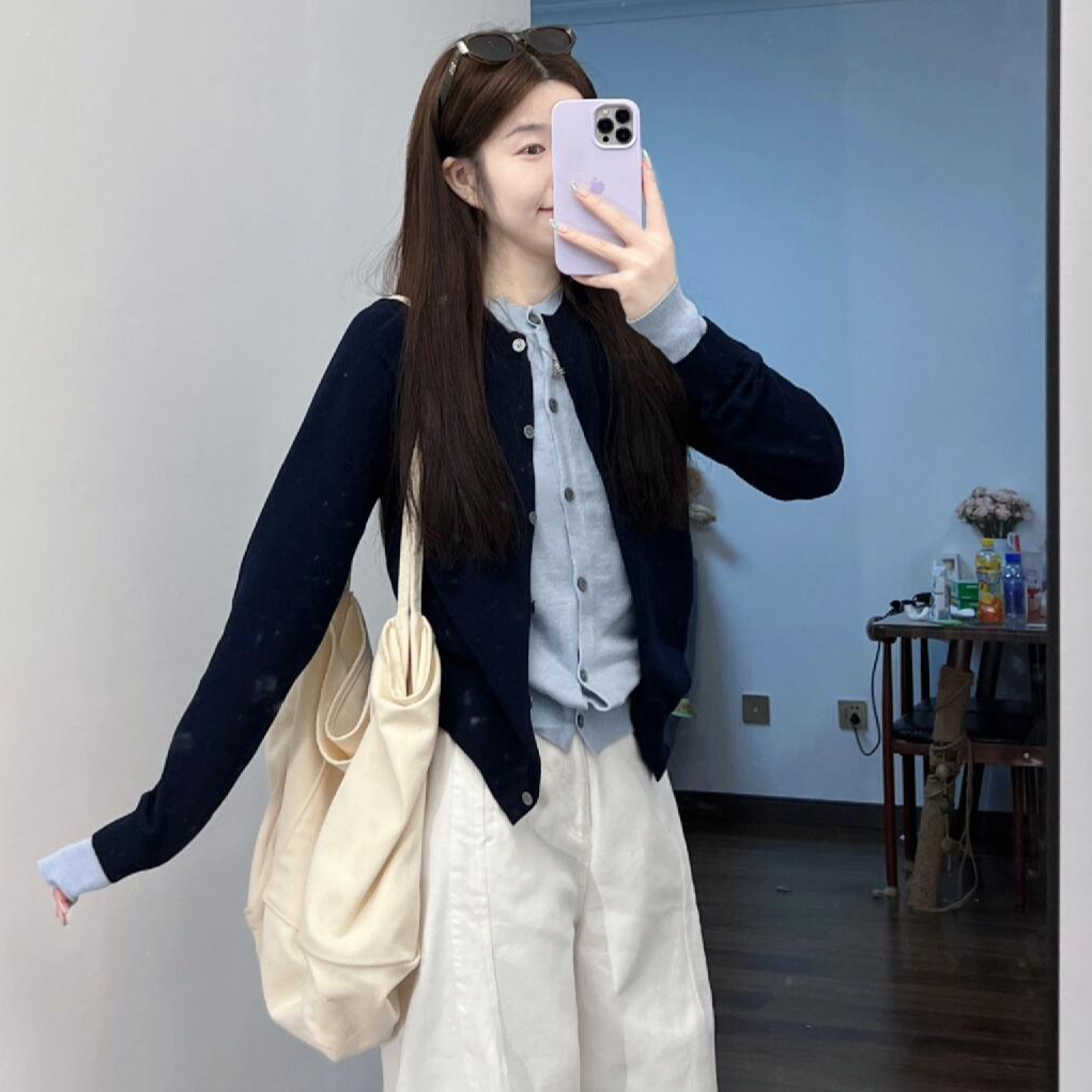 洋气撞色拼接假两件针织衫早秋女装新款独特漂亮小衫小众外套上衣