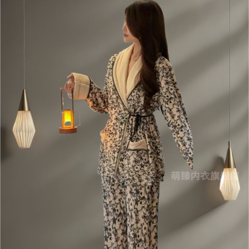 甜美可爱睡衣女秋冬海岛绒保暖睡袍长裤显瘦可外穿家居服套装加绒