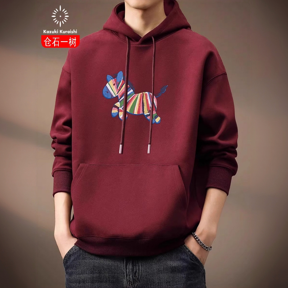 仓石一树潮流本命年连帽卫衣男士2026马年新年酒红色加绒保暖上衣