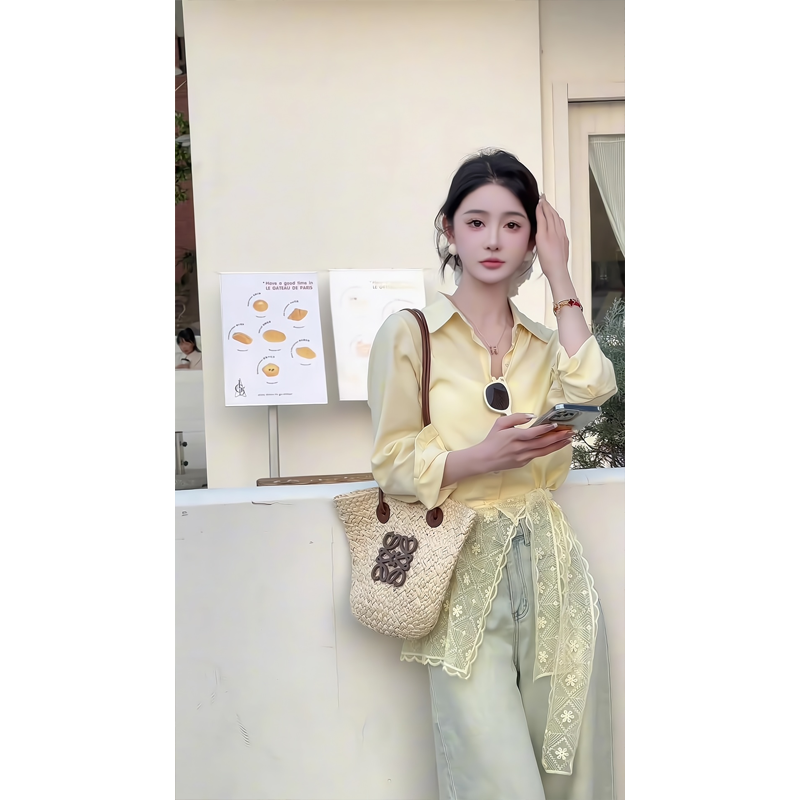 2025早春洋气衣服女黄色衬衫法式气质长袖上衣网纱屁帘直筒牛仔裤