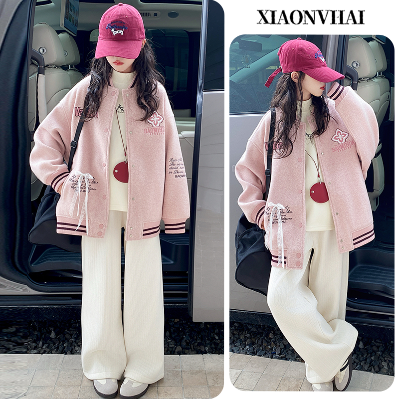 小女孩女童棒球服外套甜美夹棉2025新款厚实呢子秋冬6-12岁洋气潮
