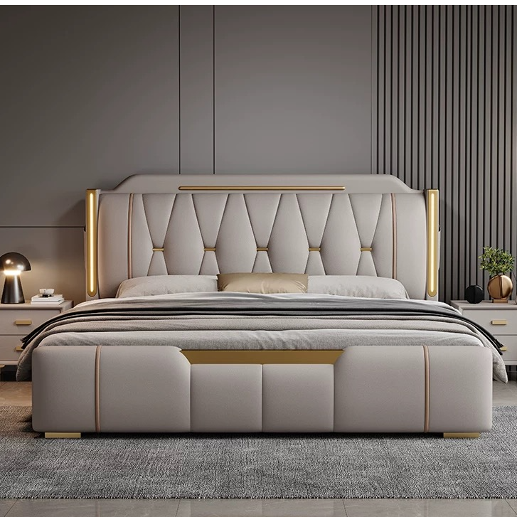 牛皮床床头带灯主卧床意式轻奢免洗真皮床双人床北欧1.8米2米621