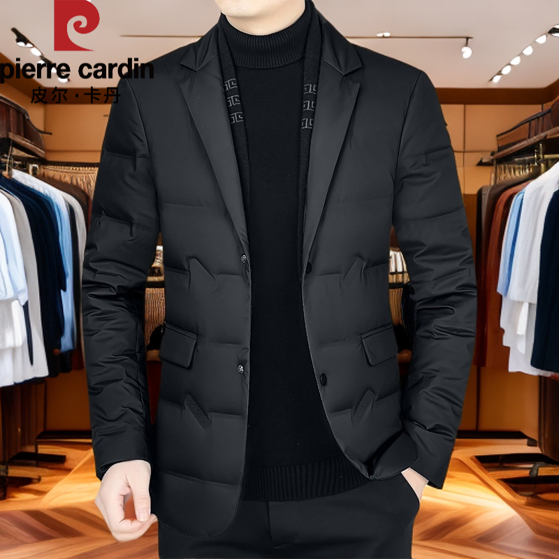 皮尔卡丹冬季新款男士围巾西装领棉服潮流中年商务保暖棉衣西装男