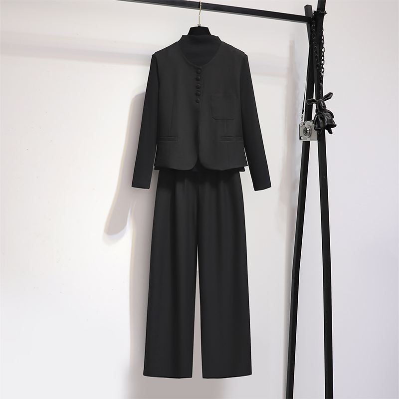 拉夏贝尔时髦国风套装女秋季2025新款马甲打底衫高腰阔腿裤三件套