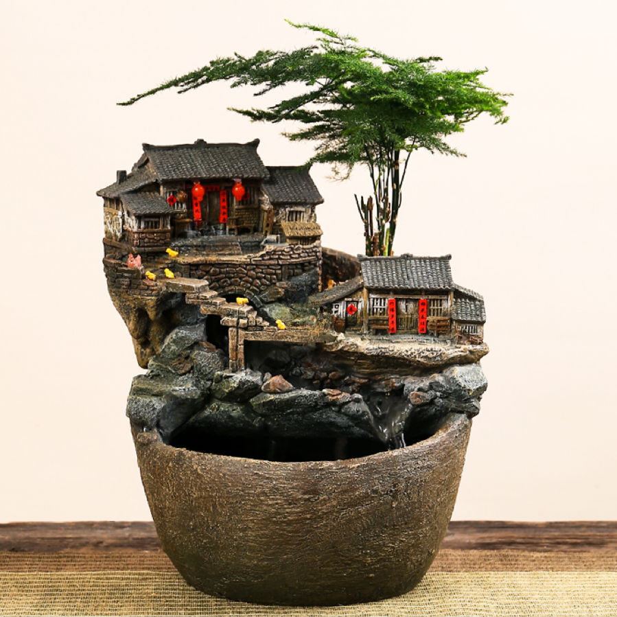 双层流水 老家小院流水摆件造景鱼缸经典怀旧植物盆栽懒人亮灯