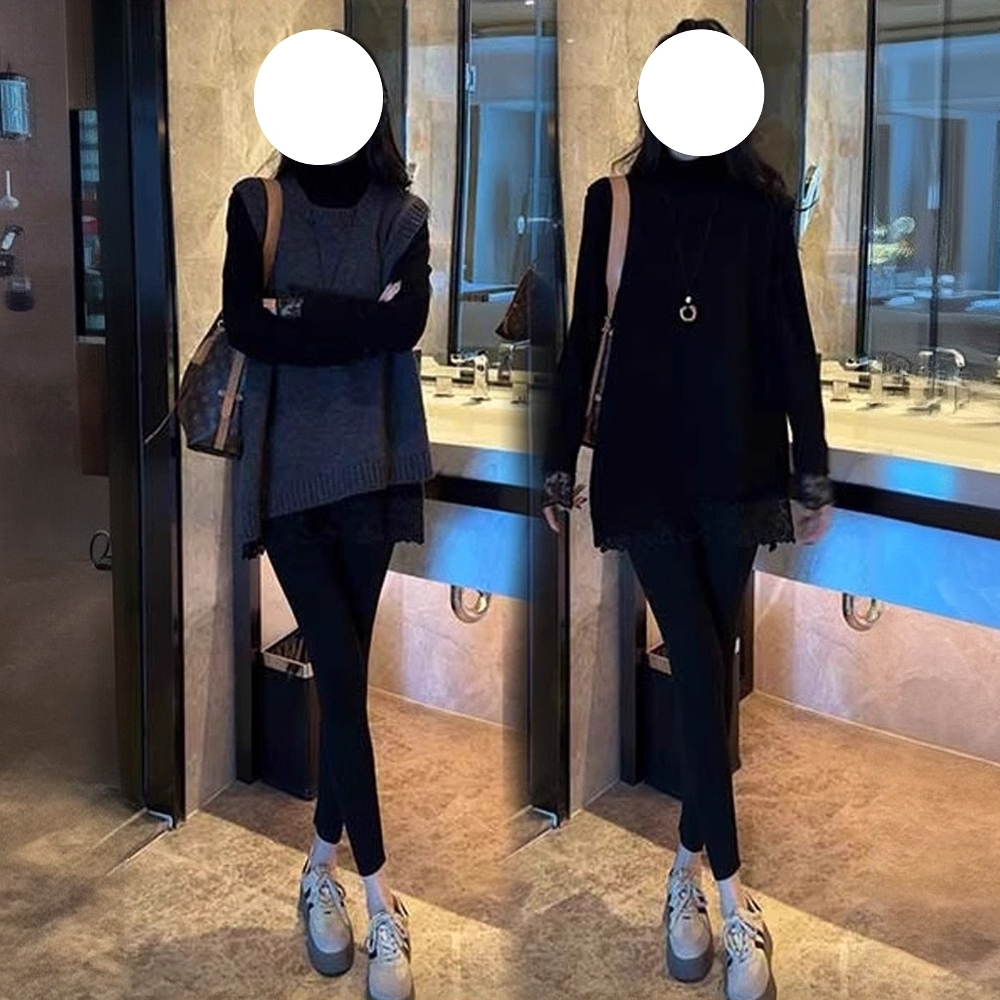 拉夏贝尔秋季新款不规则无袖针织马甲+蕾丝黑色长袖打底衫两件套