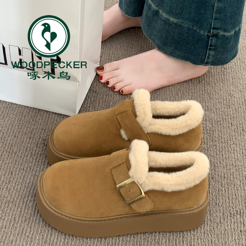 啄木鸟厚底加绒勃肯鞋女2025新款冬季外穿毛毛鞋子保暖棉鞋雪地靴