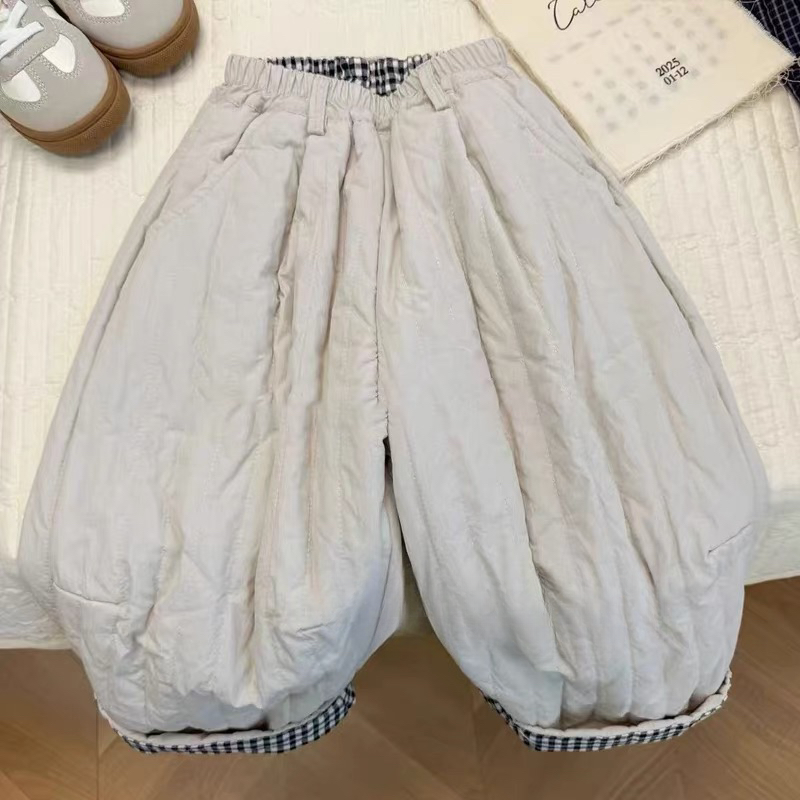 秋冬季韩系绗线格子卷边棉裤男女宝宝百搭宽松休闲长裤