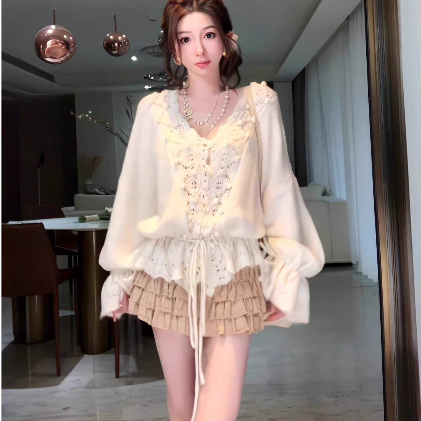 法式温柔V领镂空喇叭袖毛衣女2025秋季新款慵懒宽松针织开衫上衣