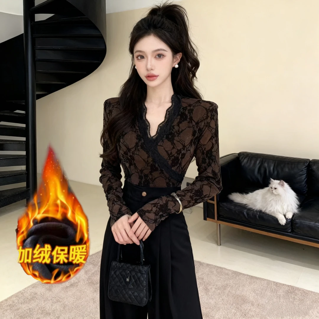 【联系客服有运补】港味秋冬加绒蕾丝纯色气质修身时尚打底衫961