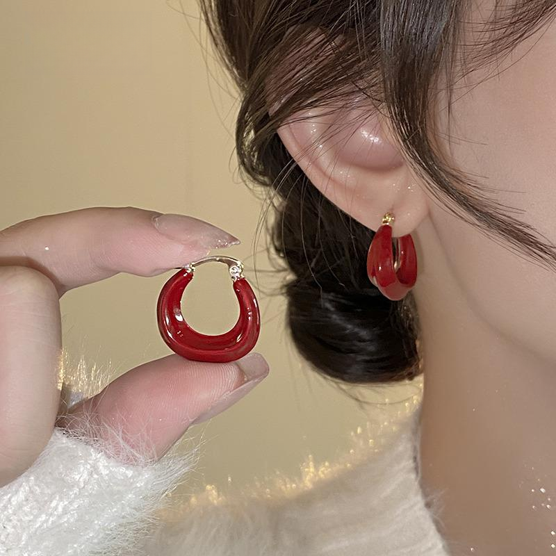 OLOIU 铜合金耳饰 2025红色圆圈耳环女耳钉新款耳扣爆款耳圈耳饰