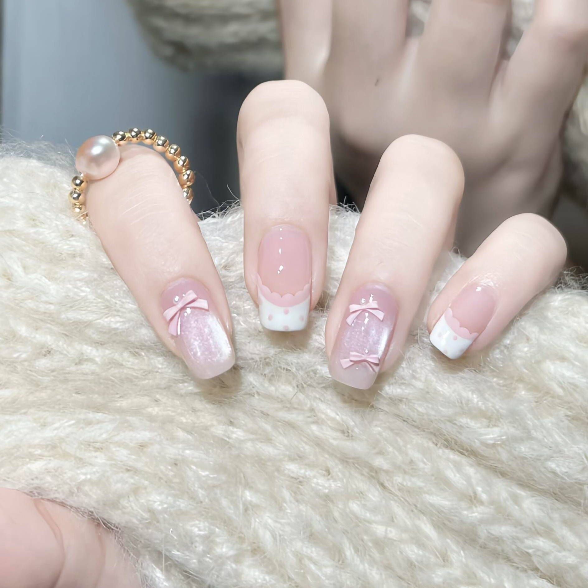 【夏日甜心】少女氛围感短款显白法式手工穿戴甲可爱蝴蝶结百搭美甲