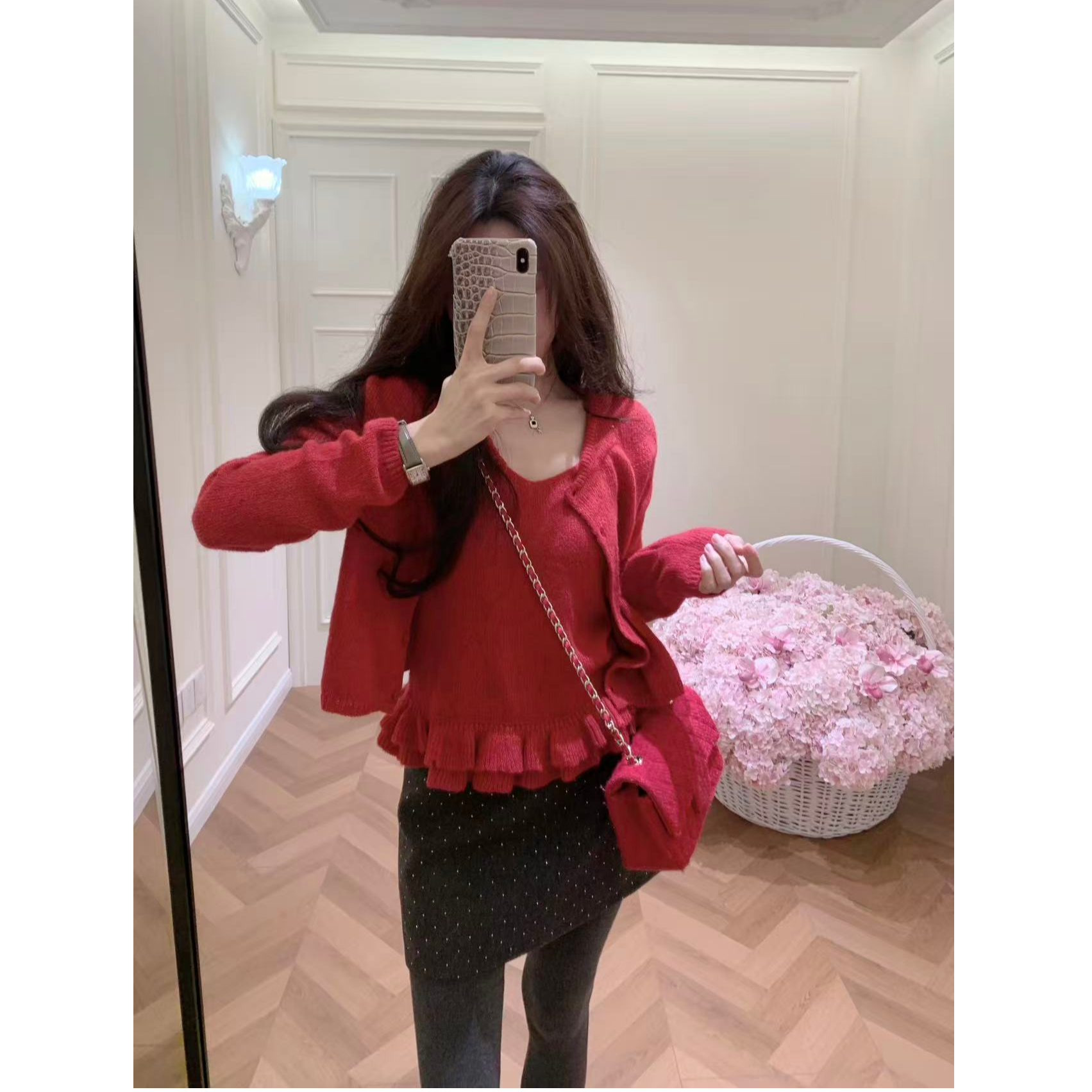 2026超火穿搭一整套韩系减龄小个子红色毛衣两件套上衣