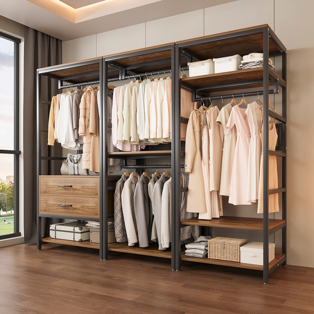 衣帽架落地卧室衣帽架步入金属抽屉收纳置物架组装钢制衣帽间架子