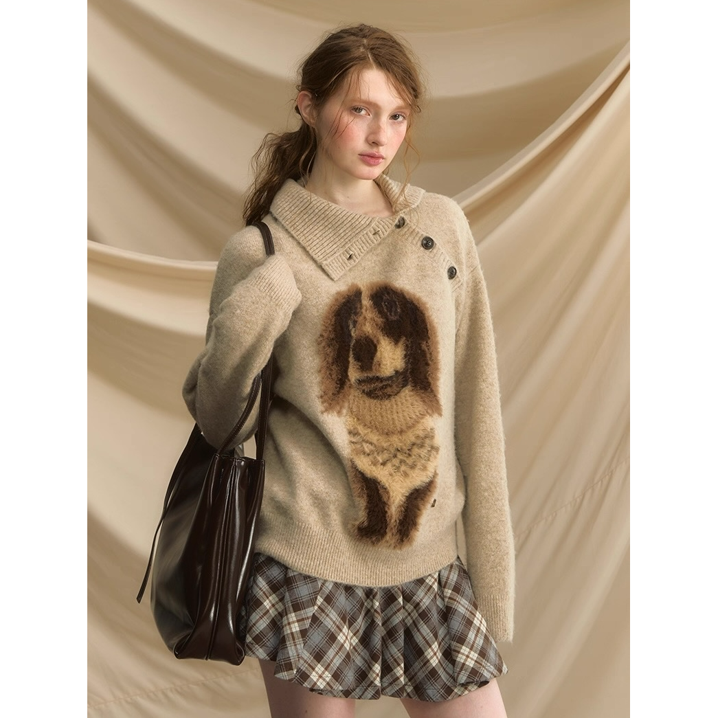 早安小腊肠复古慵懒风套头毛衣秋冬小狗复古宽松慵懒风针织衫