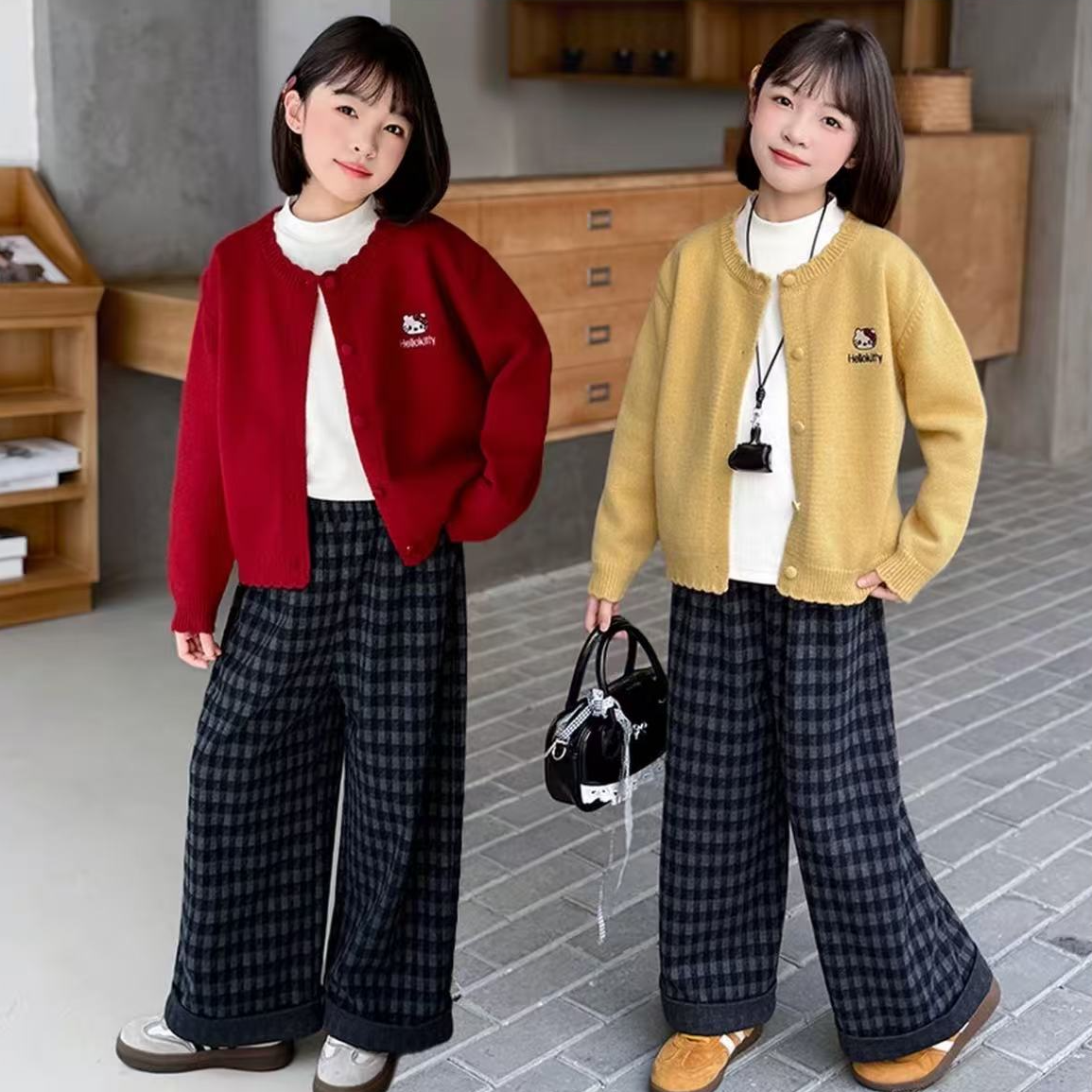 女童春秋款毛衣开衫外套2026新款女大童秋装洋气格子阔腿裤三件套