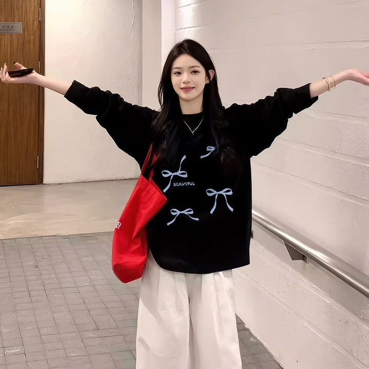 孕妇装蝴蝶结长袖纯棉打底衫孕妈t恤女2025春秋韩版宽松孕妇上衣