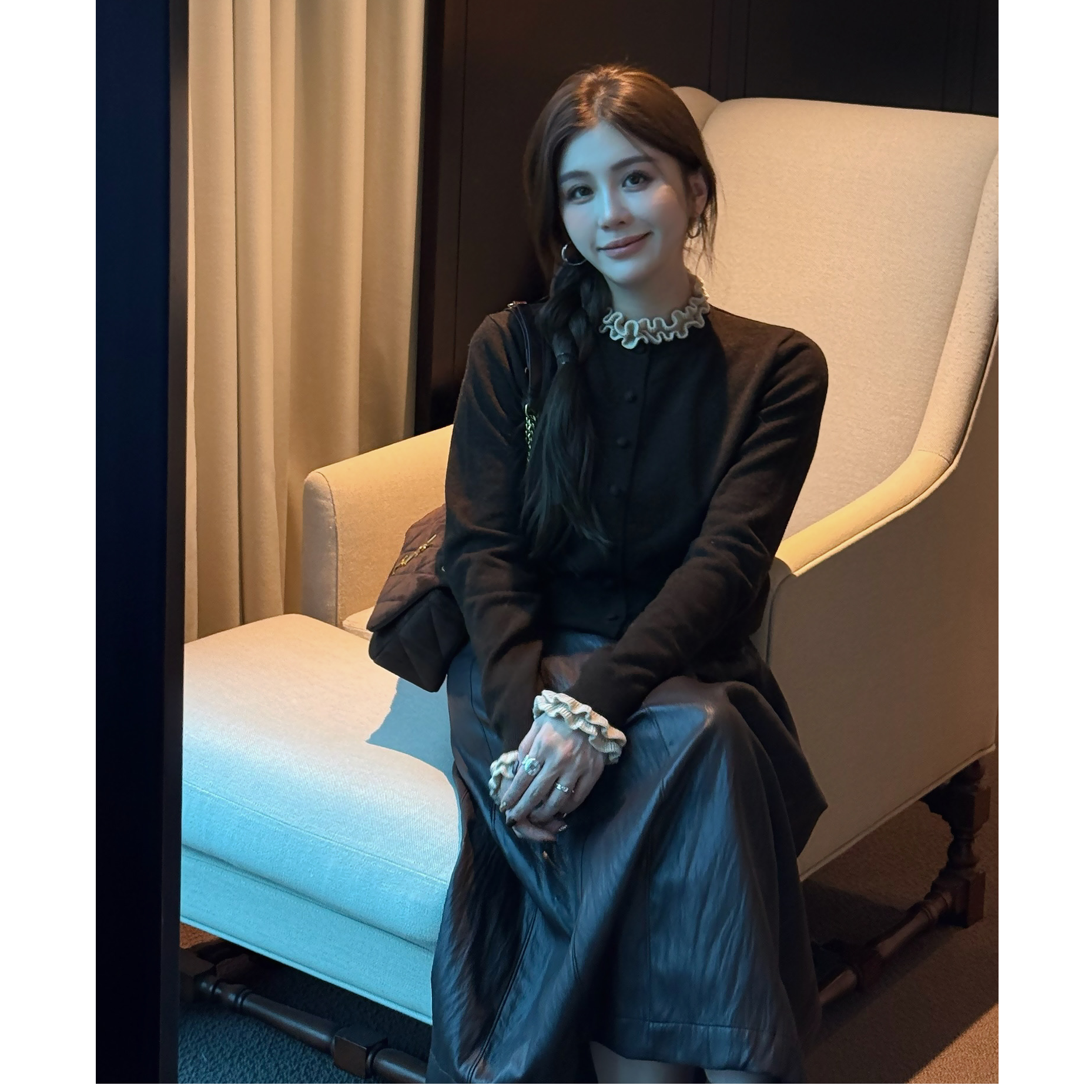 YPP！【氛围满分】法式小香风氛围感木耳边拼接单排扣针织毛衣