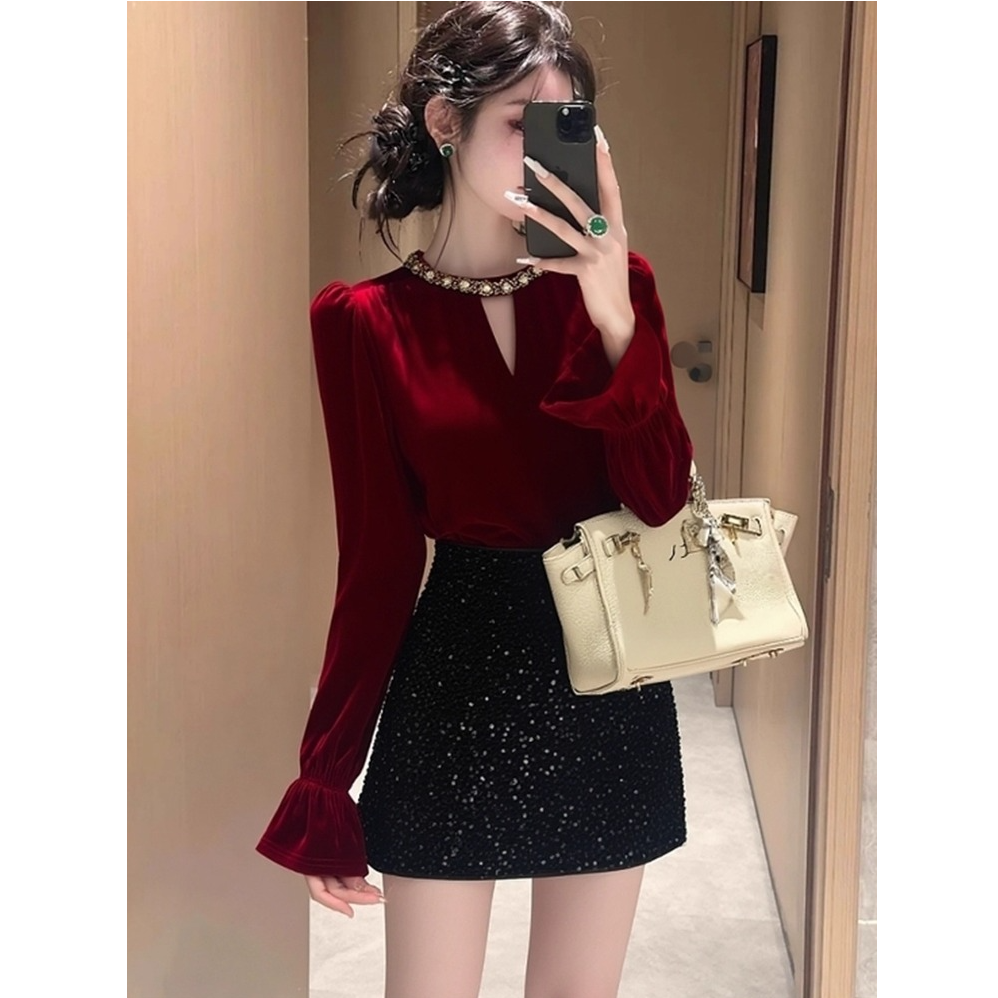 法式优雅修身轻奢减龄丝绒衬衫女秋冬款内搭打底衫酒红色气质上衣