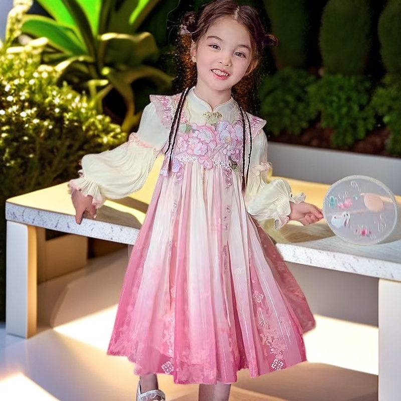 女童汉服女孩国风长袖连衣裙春装儿童表演服装古装襦裙超仙公主裙