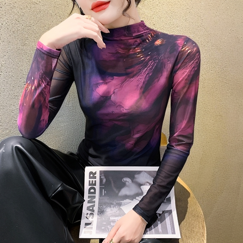 高档时尚网纱打底衫女内搭可外穿洋气上衣秋冬高级感长袖纱衣t恤