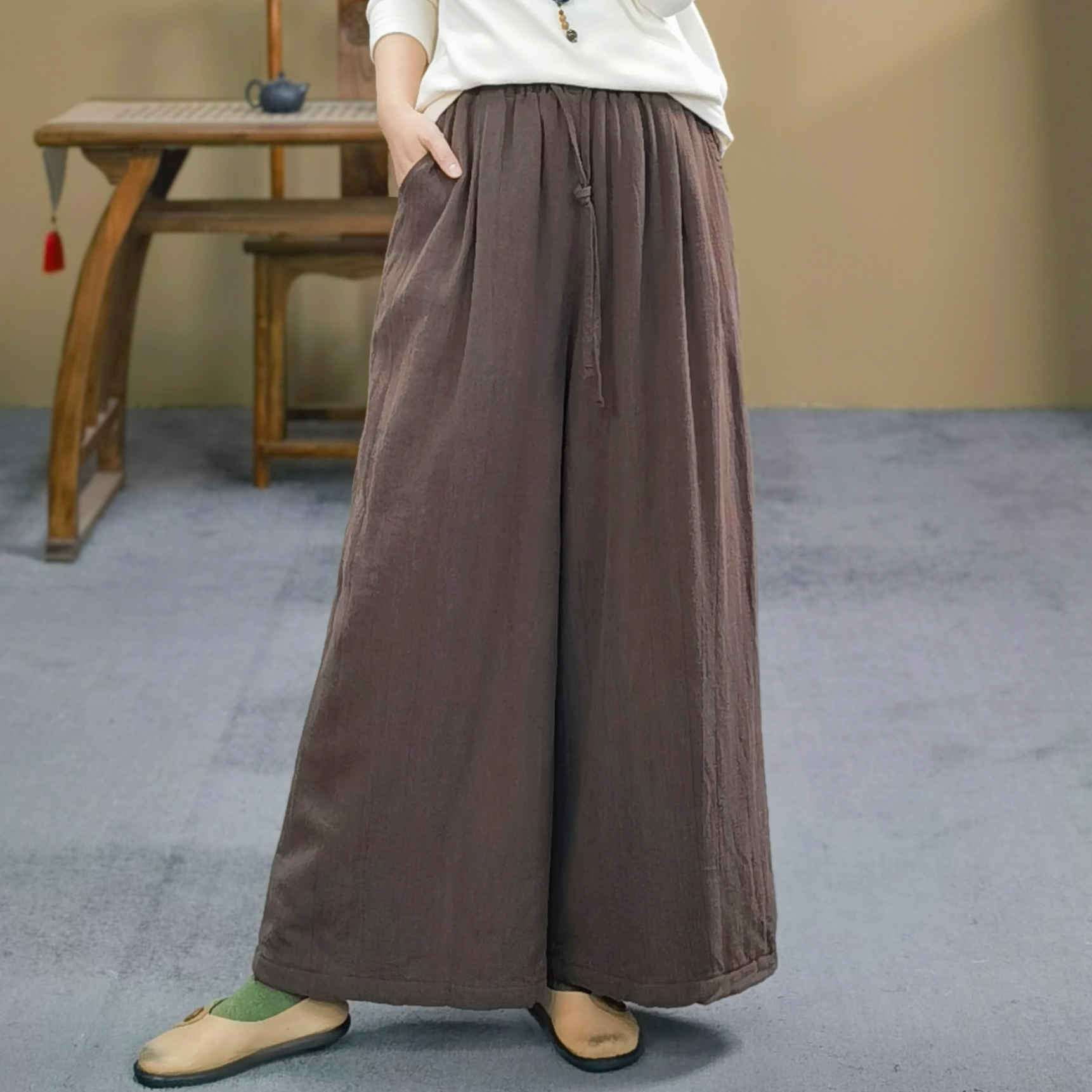束心新中式冬装新款棉裤女松紧腰抽绳亚麻纯色夹棉加厚保暖阔腿裤