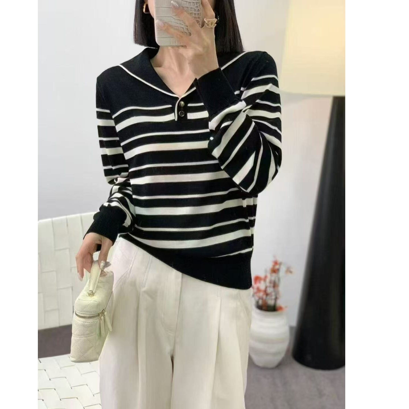 春季新款海军领翻领条纹套头针织衫2025打底长袖上衣女1095