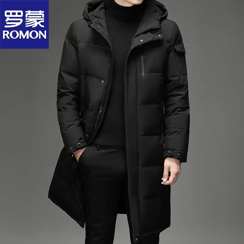 Romon/罗蒙冬季保暖男士长款过膝加厚连帽潮流外套保暖中长款休闲