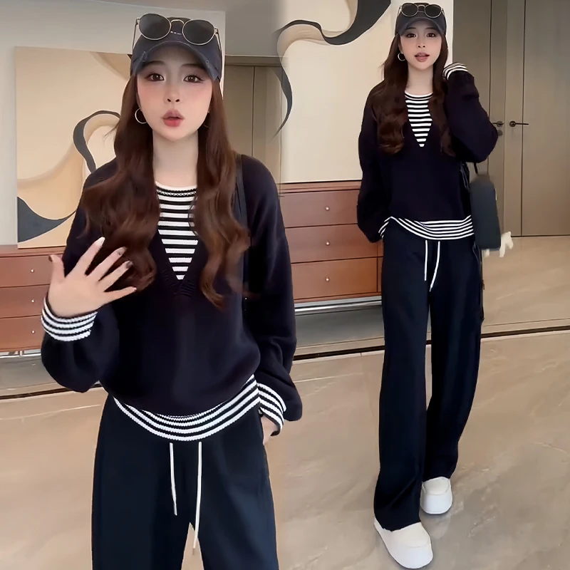 2025韩系气质日常通勤宽松慵懒风拼接条纹假两件针织衫休闲裤套装