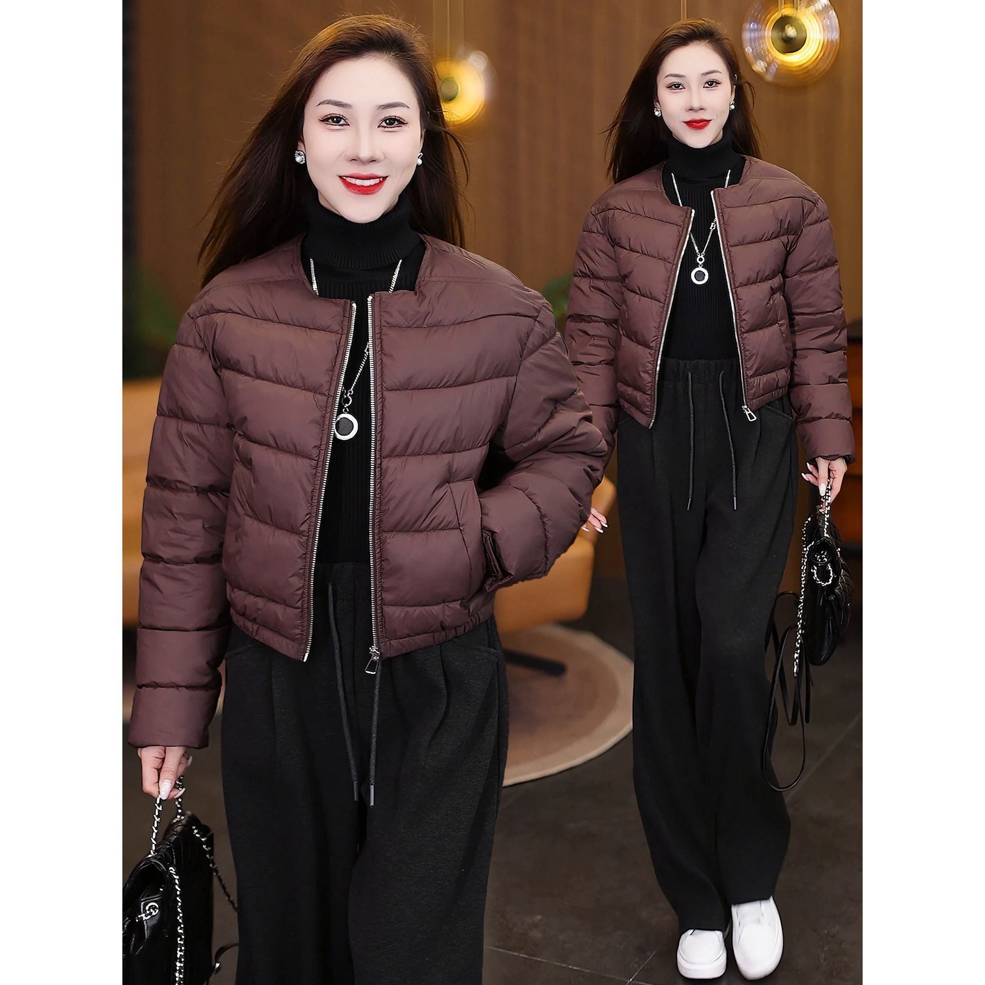 时尚短款圆领棉服女2025冬新款简约排骨棉袄宽松轻便外套保暖上衣