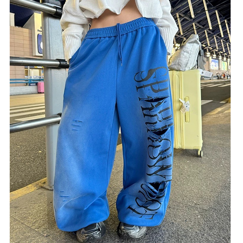 美式潮牌破洞字母印花阔腿卫裤男女宽松休闲百搭嘻哈爵士舞阔腿裤