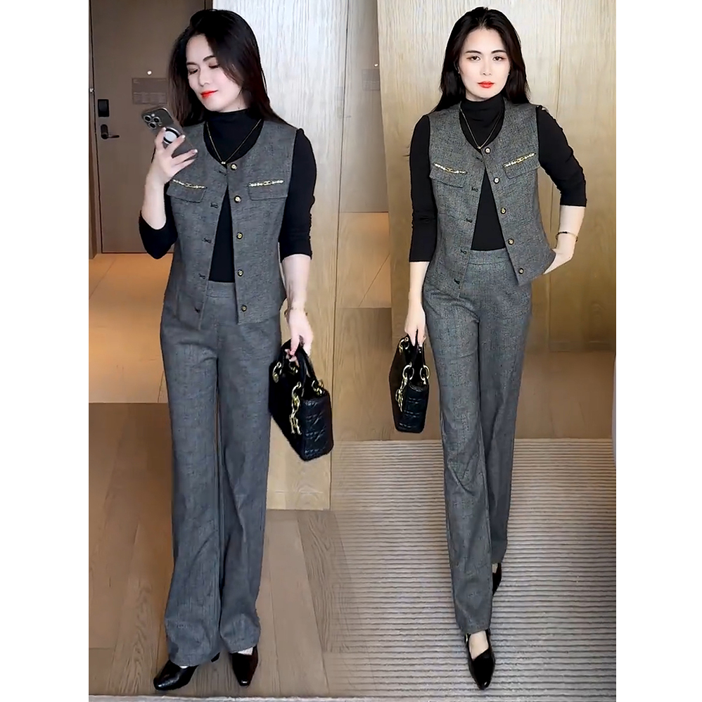 时尚套装女秋季新款洋气显瘦马甲半高领打底衫阔腿裤三件套潮女款