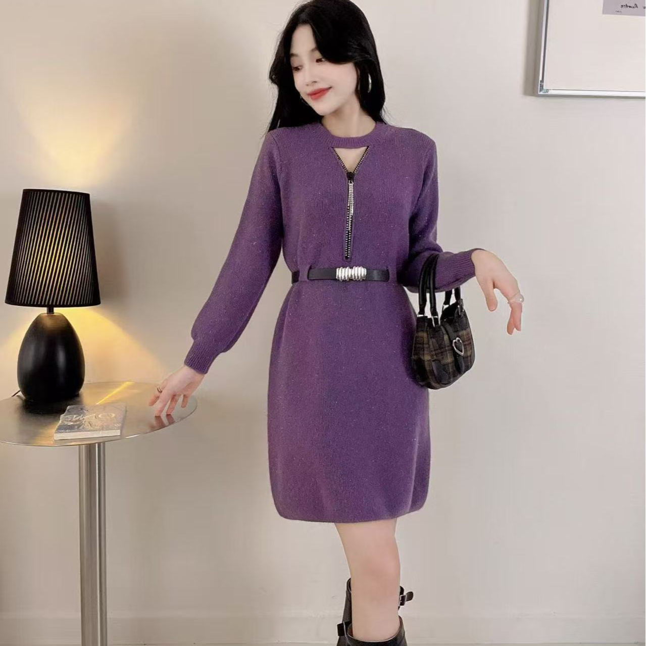 小个子女生设计感拉链秋冬新款腰带收腰显瘦气质时尚针织连衣裙