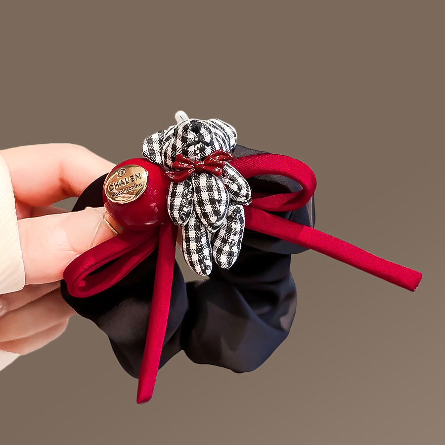 法式黑白格子小熊蝴蝶结发圈女2024新款发绳扎头发皮筋大肠圈头绳