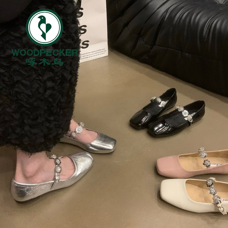 啄木鸟小众平底银色方头配裙子浅口单鞋2025新款温柔粉色玛丽珍鞋