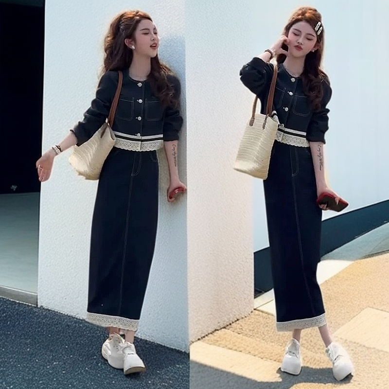 时尚洋气短款拼接上衣蕾丝套装女春季新款气质韩版百搭洋气套装