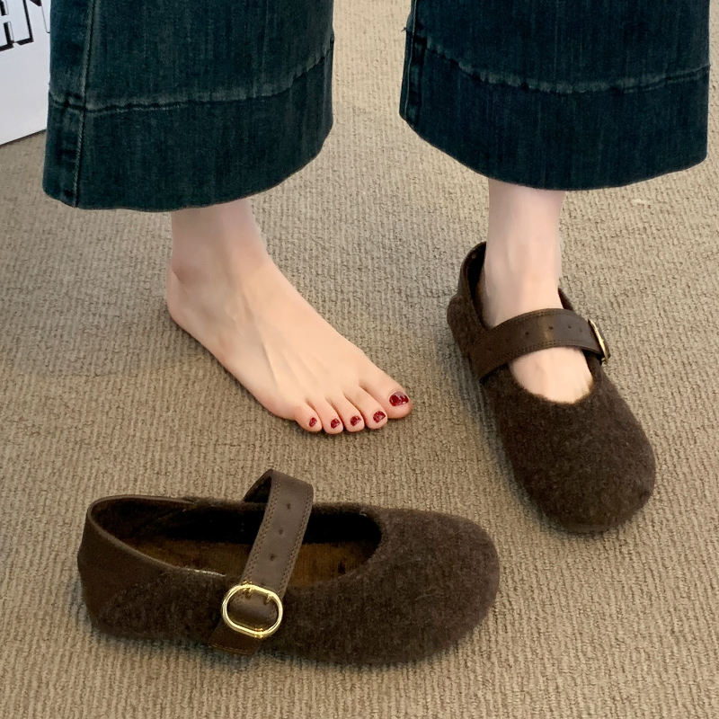 厚款加绒保暖勃肯鞋女2025秋冬新款平底毛呢豆豆鞋毛毛玛丽珍棉鞋