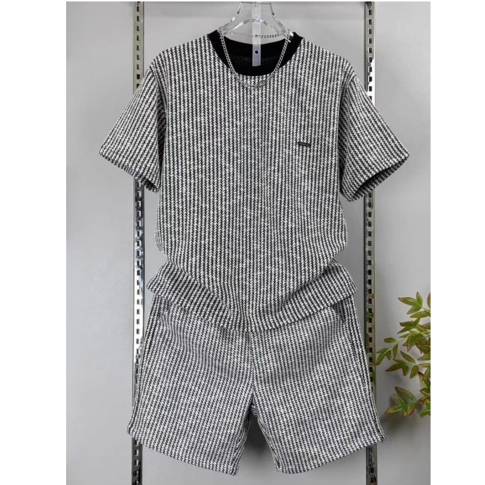 维多利亚时尚休闲套装轻奢痞帅男装夏季薄款条纹短袖T恤宽松短裤