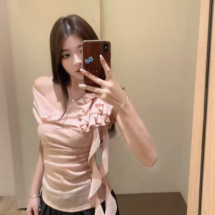 【于晏晏❤️专属】粉莓杏茶荡领飘带花朵斜肩短袖T恤女夏收腰褶皱