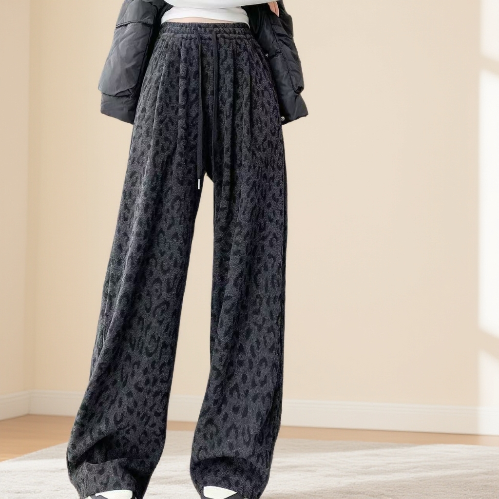 高腰冬季豹纹阔腿裤秋冬休闲裤针织宽松运动休闲