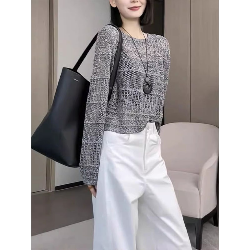 2025早秋新款高级感洋气独特别致超好看灰色镂空上衣女短款针织衫