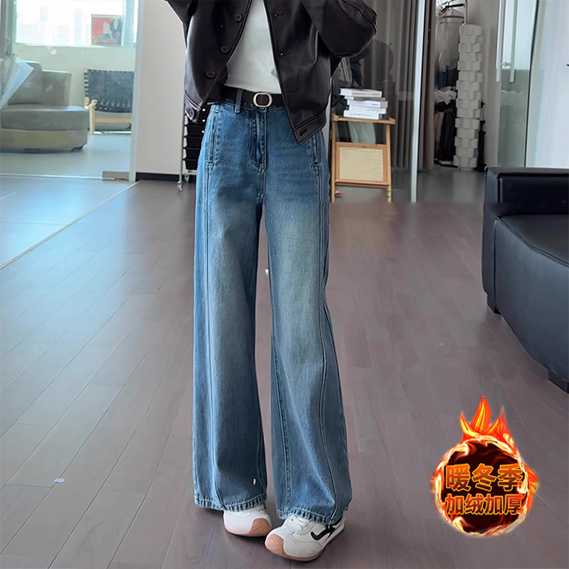 拉夏贝尔小个子时尚加绒阔腿牛仔裤女2025秋冬新款高腰显瘦九分裤